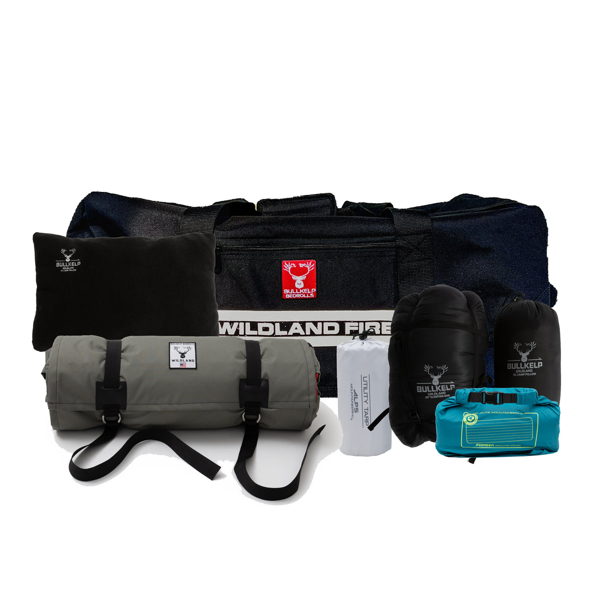 Collection of outdoor gear including bags and a water bottle on a white background